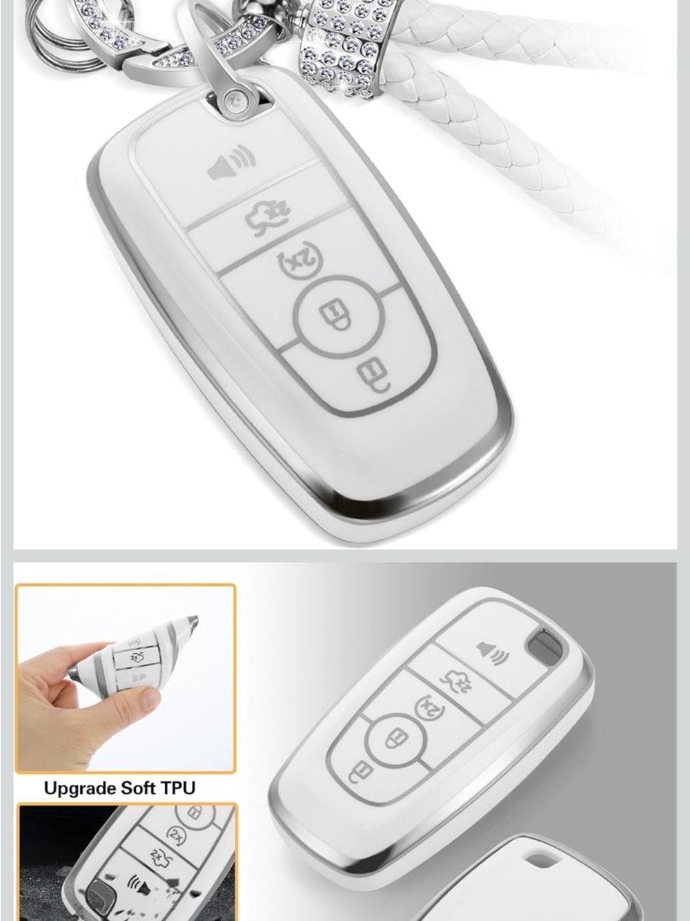 Ford White Silicone Car Key Fob Cover Crystal Bling and Decorative Keychain NEW